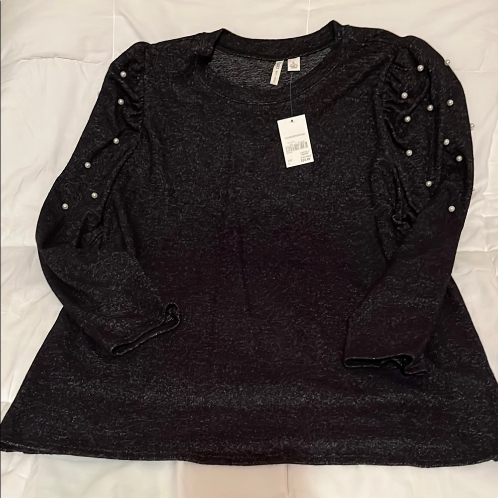 Elegant Black with Pearls & 3/4 Sleeve Blouse